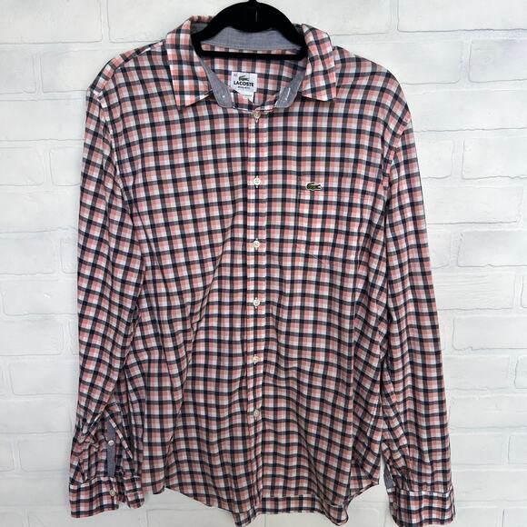 Lacoste Regular Fit Mens Pink Blue Checkered Plaid Long Sleeve Button Down sz L - Picture 1 of 8